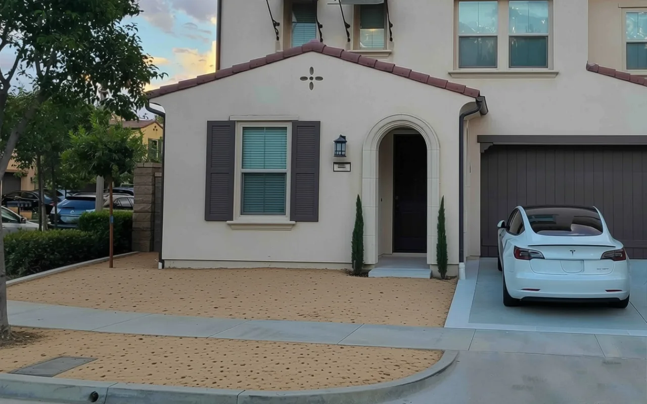 AI visualization of the same front yard before landscaping: bare dirt