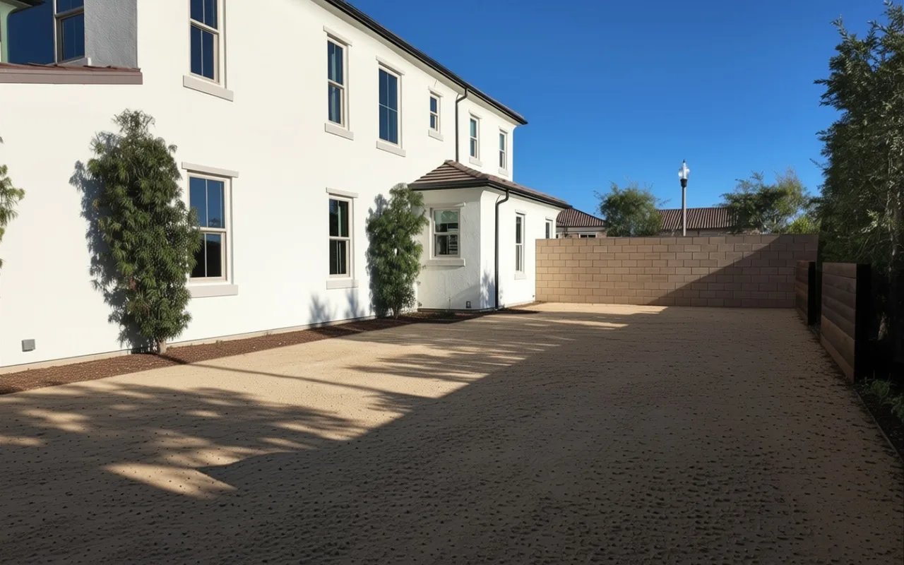 AI visualization of the same backyard before landscaping: bare dirt beside the house