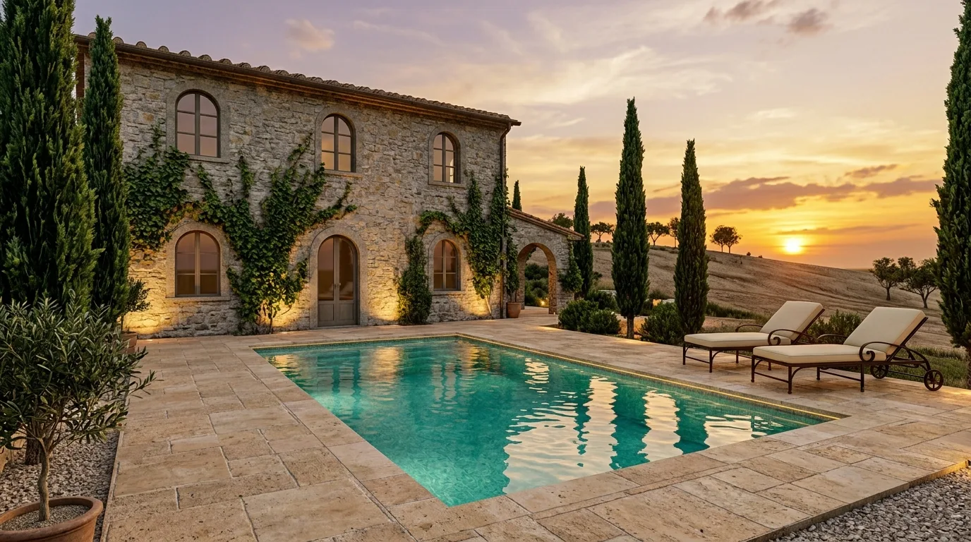 Finished backyard with pool, patio, and Mediterranean planting, as built