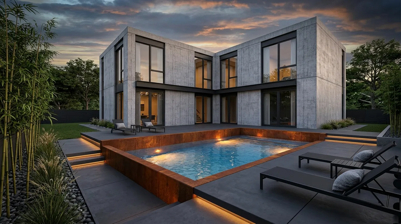 Finished custom modern home with pool, as built