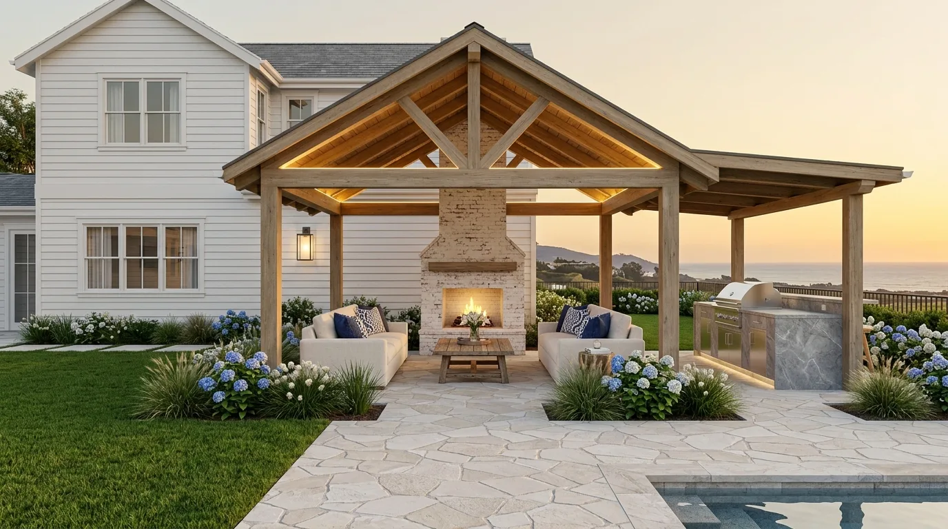 Finished timber pergola with an outdoor fireplace and lounge seating, as built